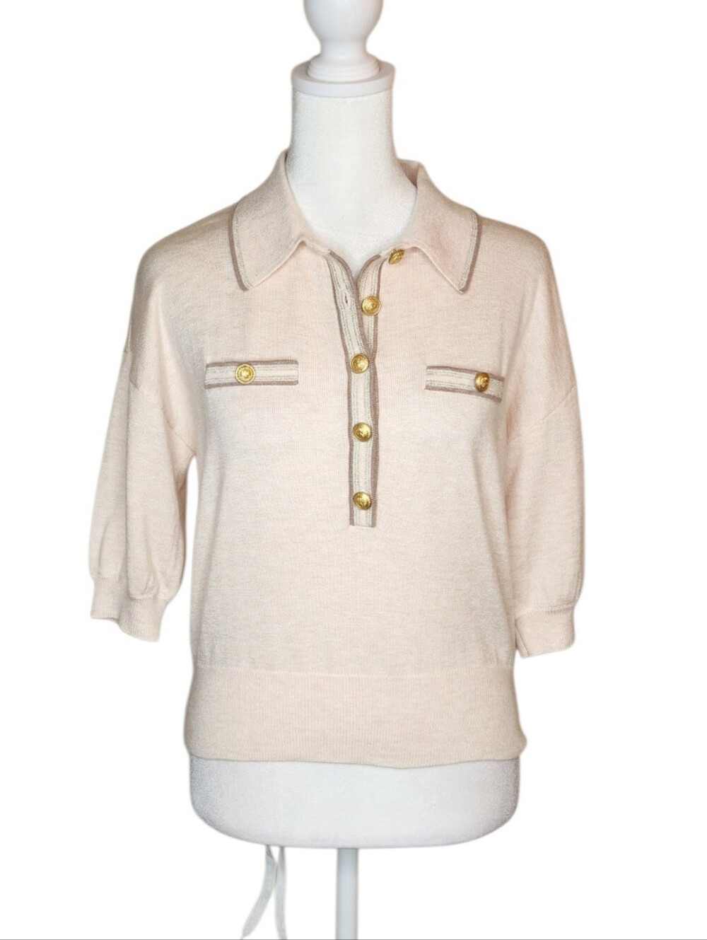 L'agence Masaki Collared Sweater Parchment Gold Buttons Size XS